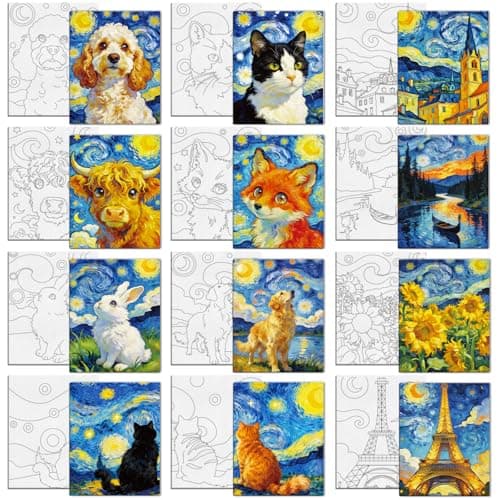 Image of MAYJOYDIY 12 Pcs Night Sky Animals Pre Drawn Canvas to Painting Sunflowers Pre Printed Canvas for Adults 25×20cm City Landmarks DIY Paint Art Supplies for Beginners Party Gifts