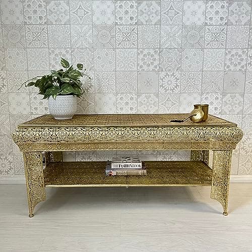 Image of DOWNTON INTERIORS Gold Moroccan Style Embossed Metal Coffee Table with Shelf (GZ427) Part of the AGADIR Collection Height 46cm x Width 106cm x Depth 46cm