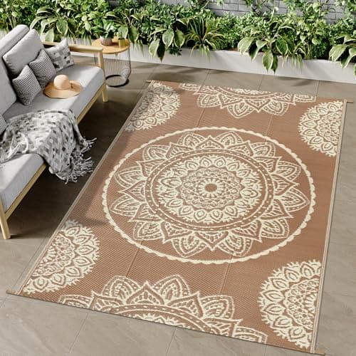 Image of Famibay Outdoor Rugs for Patio Waterproof Garden Rug 150 x 245 cm Reversible Outdoor Rugs Plastic Straw Garden Carpet UV Resistant Portable Indoor Area Rug for RV Balcony Picnic Brown Beige