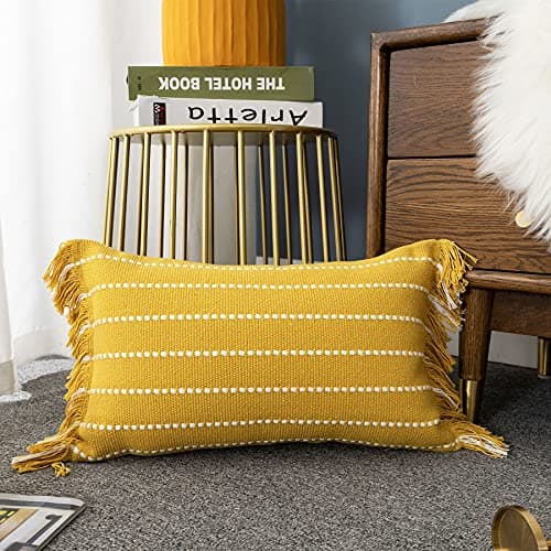Image of LIGICKY Decorative Boho Lumbar Tassel Throw Pillow Covers Rectangle Woven Cotton Cushion Cover Striped Pillowcases for Couch Sofa Bedroom Living Room, Yellow and White 30 x 50 cm