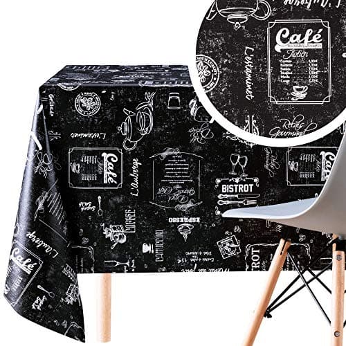 Image of KP HOME PVC Wipe Clean Table Cloth Rectangular 250x140 cm / 98x55 In - Bistro Coffee Shop Design Wipeable Tablecloth up to 8 Seats - Waterproof Vinyl Oilcloth Black and White Chalkboard Style