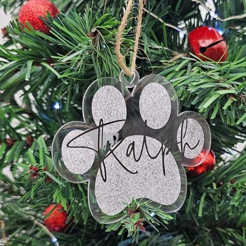 Image of Personalised Clear Acrylic Christmas Paw Print Bauble - Custom Pet Name Ornament for Animal Lovers - Pet Holiday Keepsake (Silver Glitter Effect, Acrylic Indoor & Outdoor Use)