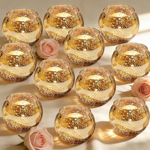 Image of MAIJIAJU 24PCS Tea Light Candle Holders, Round Speckled Mercury Glass Tealight Holders Bulk, Vintage Votive Candle Holder for Party Wedding Table Centrepiece, Coffee Table Dinner Home Decor (Gold)