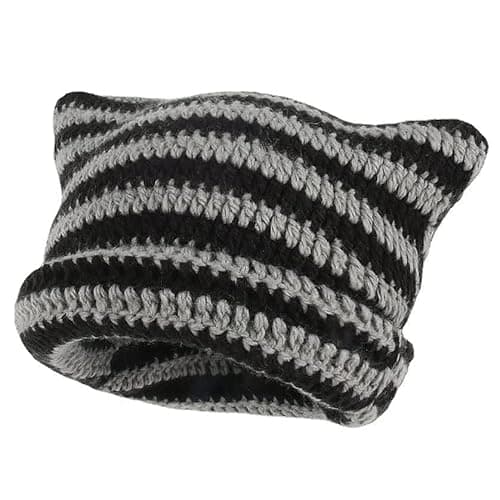 Image of SINSEN Women's Cat Beanie Crochet Hats with Ears Knitted Striped Winter Warm Elastic Cap for Girls Adults Kids (Black)
