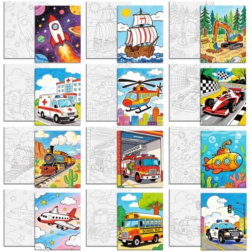 Image of MAYJOYDIY 12Pcs Vehicle Rocket Airplane Pre Drawn Canvas to Painting Sailing Ship Pre Printed Canvas for Adults 25×20cm Helicopter Excavator DIY Paint Art Board Supplies for Beginners Party Favor
