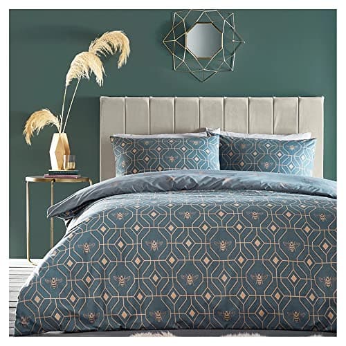 Image of furn. Bee Deco Duvet Cover Set - Honeycomb Geometric Bumble Bee Reversible Bedding (French Blue - Double)