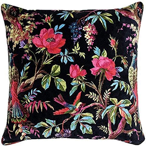 Image of Paoletti Paradise Square Cushion Cover - Black Colourful Bird Print Velvet Feel Cotton Fabric (50 x 50 cm, Pack of 1)