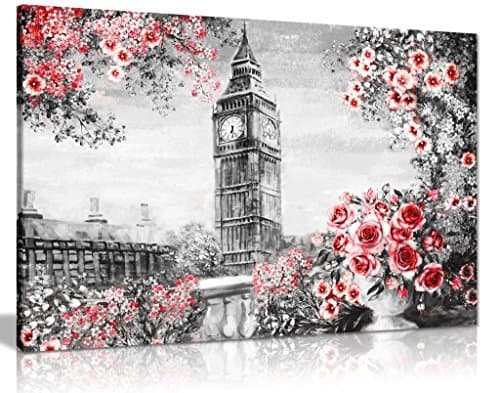 Image of London Oil Painting Black White Red With Roses Canvas Wall Art Picture Print (30X20)