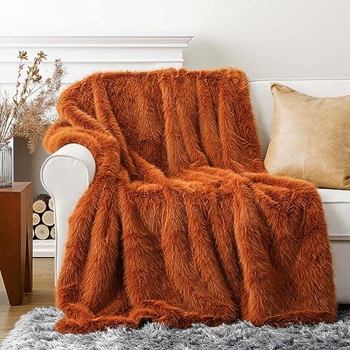 Image of BATTILO HOME Burnt Orange Faux Fur Throw Blanket Luxury Plush Fluffy Fur Blanket Throw Super Soft Fuzzy Warm Cozy Orange Fur Throws for Sofa Bed Armchair Home Fall Decor, 125 x 150cm