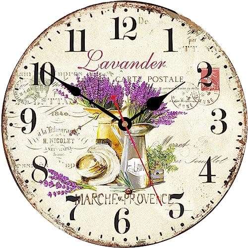 Image of TAHEAT 12 Inch Lavender Wall Clock, Vintage French Paris Provence Kitchen Clock, Silent Non Ticking Countryside Wall Clocks for Living Room Bedroom Bathroom Office
