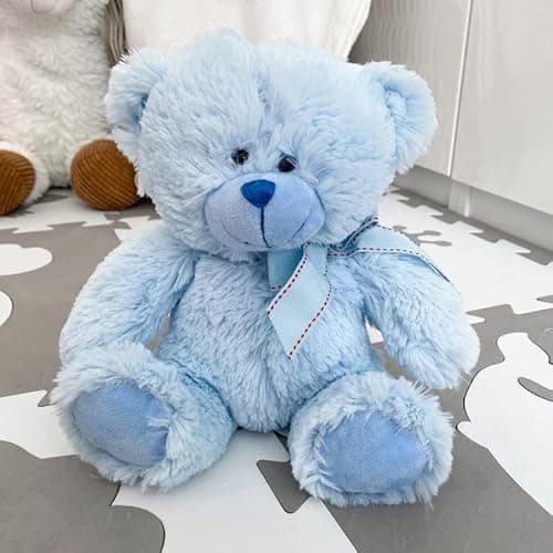 Image of The Magic Toy Shop 11" Blue Teddy Bear with Ribbon - Super Soft Cuddly Stuffed Animal Toy - Nursery Decor Gift for Newborn Baby Girls & Boys, Valentine's Day, Christening