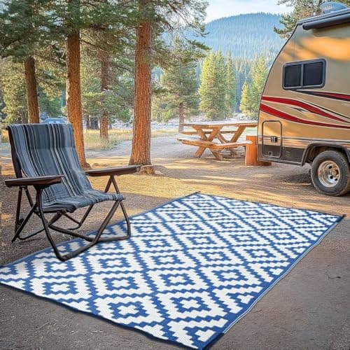 Image of LOVETRENDS Bliss Regatta Blue White Outdoor Camping Rug 120x180cm 4x6ft Reversible Waterproof Picnic Mat Garden Patio Balcony Beach Festival Ground Mat Compact Rug Foldable Lightweight Portable