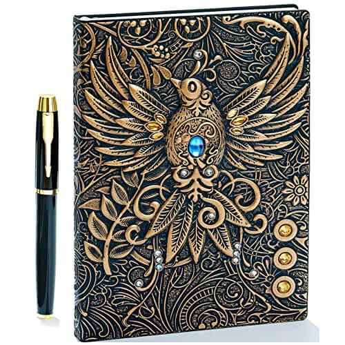 Image of Vintage 3D Phoenix Embossed Leather Writing Journal Notebook with Gold Pen Set,A5,200Pages,Antique Handmade Daily Notepad Sketchbook,Travel Diary&Notebook to Write in,for Women Men (Bronze,8.4"*5.7")