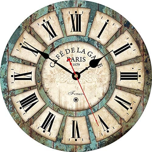Image of VIKMARI 14 Inch Silent Non-Ticking Rustic Wall Clock Roman Numerals Wooden Round Home Decorative Wall Clocks Battery Operated Indoor Vintage French Clocks