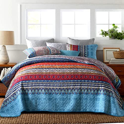 Image of Qucover Bohemian Bedspread Double Size 220x240cm Quilted Bedspreads with 2 Pillow Shams, Soft Microfiber Quilted Bed Throws Ethnic Striped Bohe Bedspread Coverlet for All Season Boho Blue