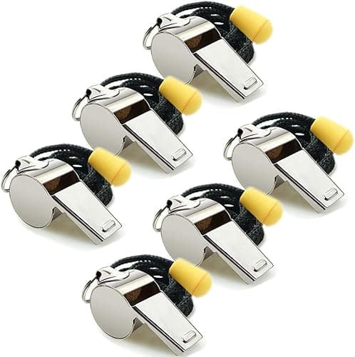 Image of Hipat Whistle, 6 Pack Stainless Steel Sports Whistles with Lanyard, Loud Crisp Sound Whistles Bulk Great for Coaches, Referees, and Officials (6PCS)