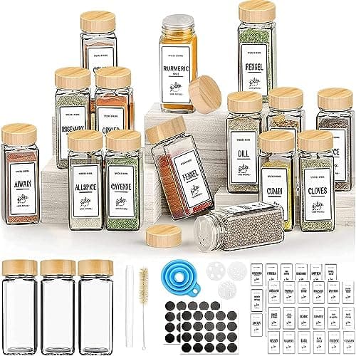 Image of Yibaodan 12 Spice Jars with Bamboo Lids 4OZ Glass Spice Jars with Shaker Lids, Glass Spice Containers Seasoning Jars Bottles with 60 Spice Labels, (12-YG-01)