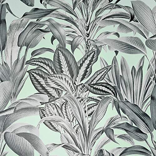 Image of Greenhouse Plants Wallpaper Tropical Jungle Grey Teal Blue