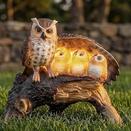 Image of GloBrite Solar Owl Family Light | Mother Children Wing Log Statue Figurine LED for Outdoor Decorations | Resin Accessories Porch Ornaments | Patio Lawn Yard Garden Decor