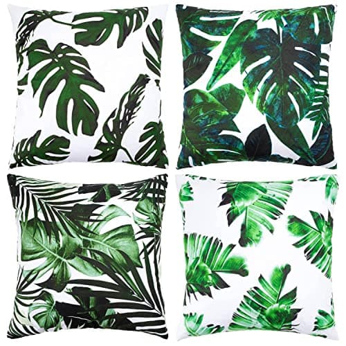 Image of Yikki Set of 4 Cushion Covers 18x18 Inch, Waterproof Outdoor Cushion Covers, Tropical Leaves Pillow Cases, 45 x 45cm Decorative Thorw Pillow Covers, Sofa Pillowcases for Bedroom Office Car Home Decor