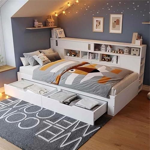 Image of BTM Day Bed with Storage, 4ft6-135x190cm Double Bed with Drawers, Shelves, Storage Cabinets and Bed Box, No Mattress, White