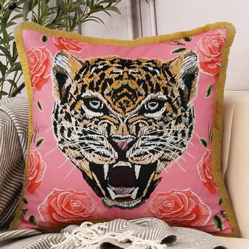 Image of Tiger Floral Velvet Decorative Throw Pillow Cover 18x18 In Pink Pillow Covers Flower Animal Print Tiger Cushion Cover with Tassels Modern Decor Square Pillowcase for Sofa Couch Bedroom Living Room