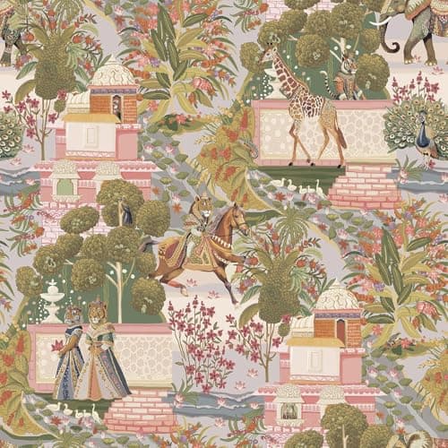 Image of Animal Palace Indian Inspired Wallpaper with Giraffes, Lions, Elephants Perfect for Living Room, Bedroom, Feature Wall Decoration or DIY Projects Multi Coloured Holden 13760