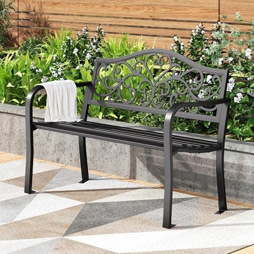 Image of PHI VILLA 110 cm Metal Garden Bench Cast Iron Floral Backrest Steel Frame 2-3 Seater Outdoor Bench Slatted Seat for Park, Yard, Front, Black