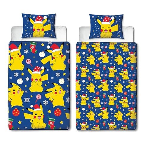 Image of Character World Pokemon Official Single Duvet Cover Set, Xmas Fun Pikachu Design | Reversible 2 Sided Bedding Cover Official Merchandise Including Matching Pillow Case | Christmas Single Bed Set