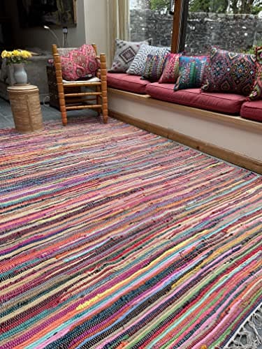 Image of Second Nature Online - SHANTI Multi Coloured Rug | Hand Woven | Eco-Friendly: 100% Recycled Fabric | Ethically Sourced | Flat Weave (240 cm x 360 cm)