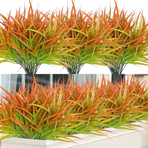 Image of ASTNIC 8pcs Artificial Grass Plants Outdoor Fake Grass Greenery Stems UV Resistant Faux Plastic Plants Shrubs for Autumn Decorations Home Window Garden Patio Box Pathway Front Porch Spring Decor
