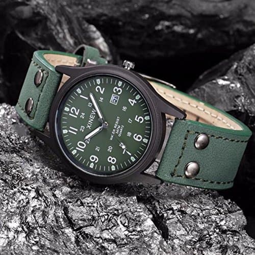 Image of Men's Date Quartz Strap Classic Vintage Leather Sport Watch Men's Watch Wind up Watches for Men No Battery (Green, One Size)