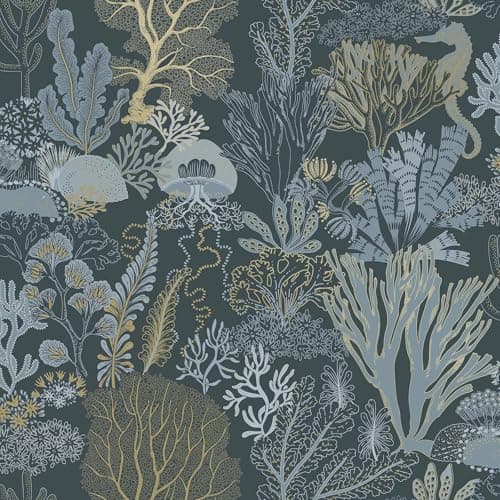 Image of Holden Odyssey Underwater World Ocean Marine Life Illustrated Wallpaper with Jellyfishes Seahorses Shells Navy Blue (14341)