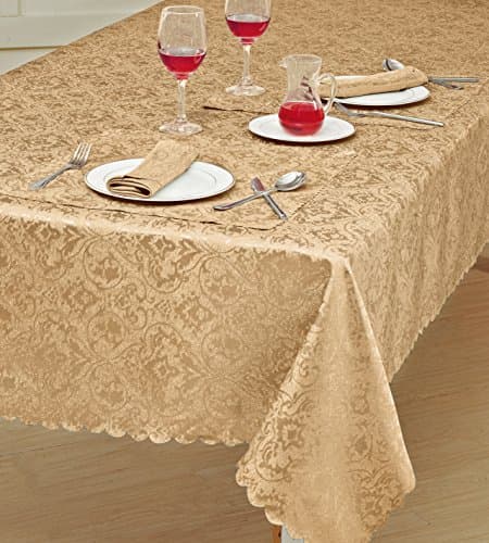 Image of Prime Linens Home Decorative Classic Damask Printed Jacquard Tablecloth Rectangle Round Runner Napkin Table Cover Cloth Protector for Kitchen Picnic (Gold, Rectangle 52" x 70")