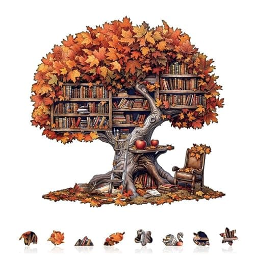 Image of Jigfoxy Wooden Puzzles for Adults, 225-Piece Tree Library Jigsaw Puzzle, Unique Animal-Shaped Jigsaw Puzzle for Adults and Teens, Creative Gift with Premium Wooden Box,13.4 * 13.1in