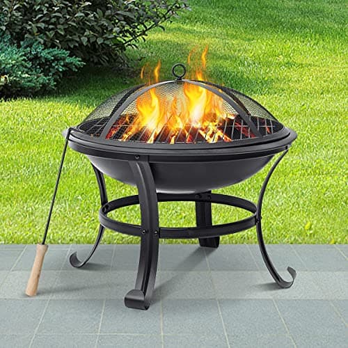 Image of Geepro Fire Pits For Garden,Portable Fire pit For Camping With BBQ Grill & Fire Poker & Mesh Lid,Firepit For Patio,Iron Outdoor Travel Heaters,Log & Wood Burner, Fire Bowl
