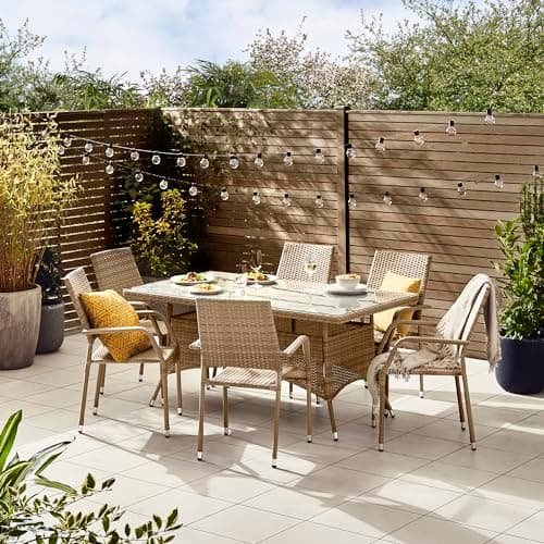 Image of Furniturebox 6 Seat Rattan Outdoor Dining Set - Beige - Set of 6 Stackable Chairs & Glass Top Table, Free Cover, 160x90cm - Antigua Collection