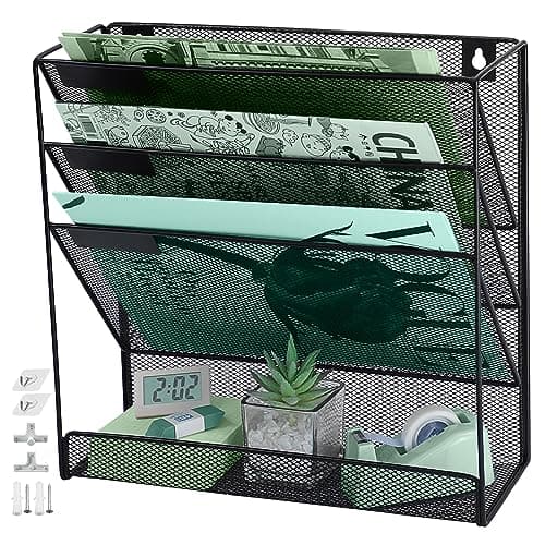 Image of IOUGDSEC 4 Tier A4 Mesh Hanging Wall File Holder Magazine Document Holder Mail Organiser Magazine Storage Rack,Durable Metal Mesh Document Wall Organiser Desktop File Organizer-Black