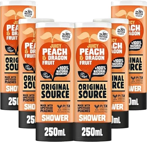 Image of Original Source Juicy Peach & Dragonfruit Shower Gel with 100% Natural Fragrance, Vegan Shower Gel, Paraben Free Body Shower Wash, Multipack of 6 x 250ml