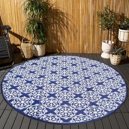 Image of OHS Outdoor Round Rug Tile Print, Waterproof & Foldable Large Circle Rug Reversible Decking Outdoor Carpet Round Garden Mat For Patio Balcony Poolside, Blue-170cm
