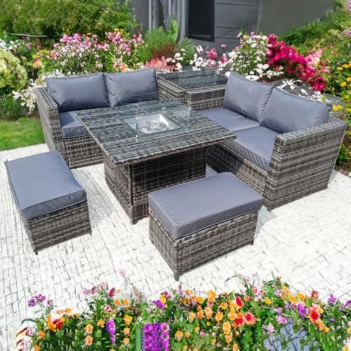 Image of UK Leisure World Rattan fire table grey wicker conservatory outdoor garden furniture corner dining set