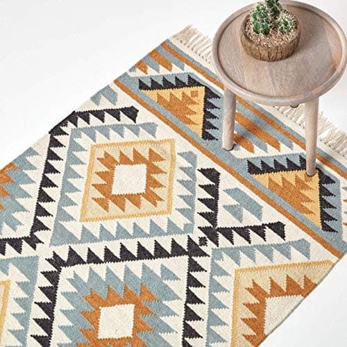 Image of HOMESCAPES Agra Gold, Silver & Black Handwoven Kilim Rug for Living Room Diamond Pattern Wool Rug with Fringe, 160 x 230 cm