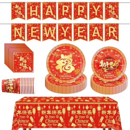 Image of JUFYVO 52pcs Chinese New Year Party Supplies Happy New Year Tableware Set Plates Cups Napkins Tablecloths Banner Spring Festival Party Decor for Dinner Supplies