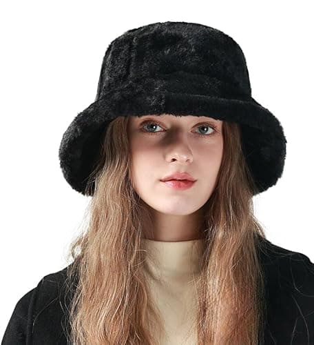 Image of Women Winter Faux Fur Bucket Hat, Soft Fluffy Plush Bucket Hat Warm Thicken Wide Brim Fisherman Cap Stylish Vintage Winter Warm Fashion Cap for Outdoor Shopping Headwear for Ladies Girls Black