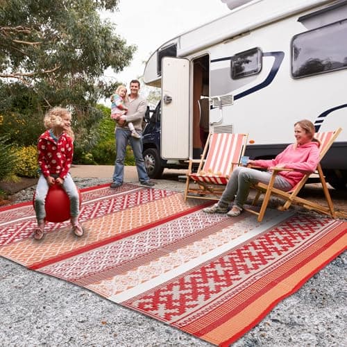 Image of Green Decore Reversible Recycled Plastic Camping and Picnic Rugs | Perfect for Garden, Patio, Picnic, Decking | Stain And Water Resistant | Prime Red/Orange 120 x 180 cm