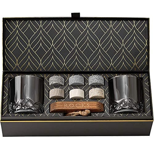 Image of Whiskey Chilling Stones Gift Set - 6 Handcrafted Premium Granite Round Sipping Rocks - 2 Crystal Glass Tumblers - Hardwood Presentation & Storage Tray - Elegant Gold Foil Gift Box by R.O.C.K.S.