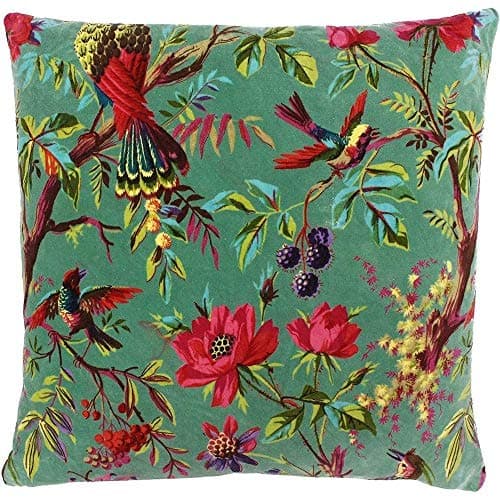 Image of Paoletti Paradise Square Cushion Cover - Aqua Colourful Bird Print Velvet Feel Cotton Fabric (50 x 50 cm, Pack of 1)