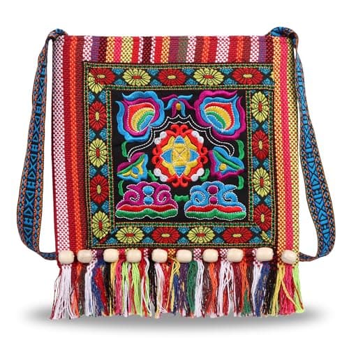 Image of Jiusely Women Mini Crossbody Bags Embroidered Canvas Bag Girls Floral Crossbody Bag, Boho Ethnic Shoulder Bag Tassels Tote Handbag Hippie Messenger Bag for Women Shopping Travel Dog Walking Beach
