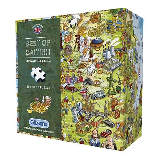 Image of Gibsons Best of British 500 Piece Jigsaw Puzzle – Illustrated UK Map by Hartwig Braun – Colourful Landmarks & Icons Puzzle for Adults & Teens – Premium Recycled Board – Sustainable Gift Made in the UK