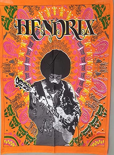 Image of ICC Jimi Hendrix Guitar Poster Wall Hanging Tapestries Jimmie Hendrix Classic Rock legend Music Tapestry Jimmy Bohemian Decoration Psychedelic Hippie Large Vintage Decor Orange